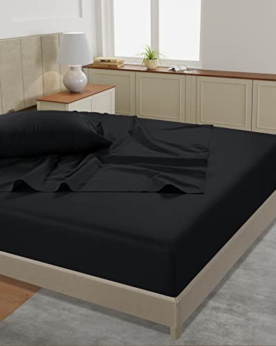Image of LANE LINEN Twin Sheet Set - 450 Thread Count Premium Sateen Weave for Silky Feel On Skin - Cooling Sheets for Deep Sleep - Securely Fits Mattresses Upto 15'' Deep - Oeko Tex Certified - Black