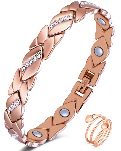 Jeracol Kupfer-Armband und Kupferring einstellbar Magnetarmband mit Kraftmagnete(Roségold-kristall)