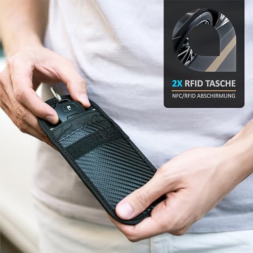 CSL - Keyless Go Schutz - 2X RFID Schlüsseltaschen – Schutz für Autoschlüssel RFID-Karten NFC Kreditkarten EC-Karten Personalausweis – Schlüssel Etui Hülle – Karabinerbefestigung – schwarz