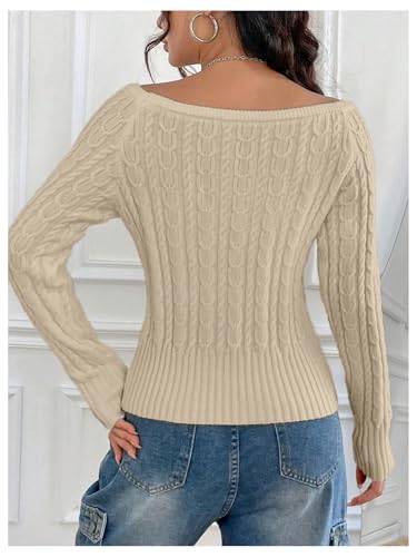 Image of MakeMeChic Women's Off The Shoulder Sweater Cable Knit Long Sleeve Ribbed Fall Going Out Tops Sweater Pullover