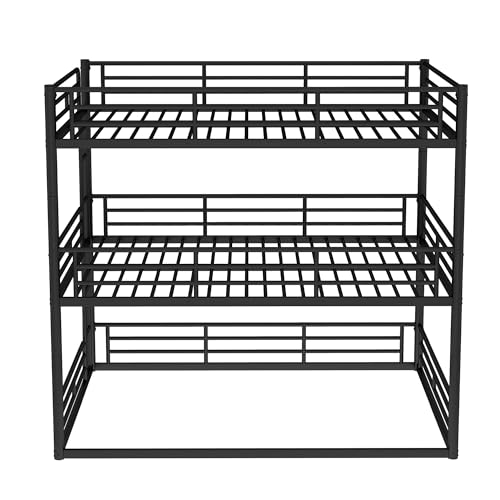 Image of Queen Over Queen Over Queen Bunk Bed with Safety Guardrails, Modern Metal Triple Bed Frame for Kids, No Box Spring Required, Black