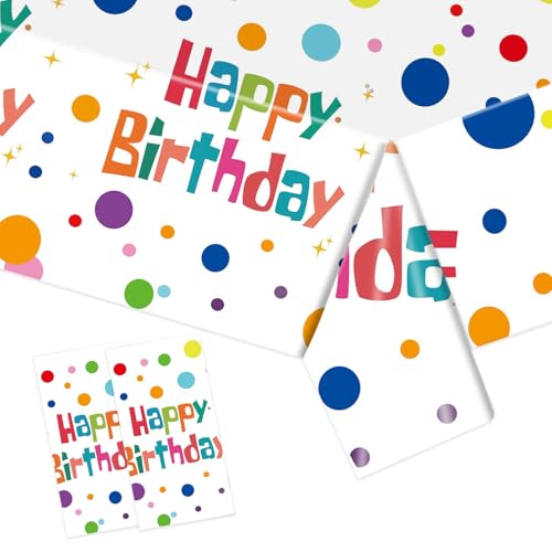 Image of 2 Pack Happy Birthday Tablecloth Party Decorations, 54X108inch Disposable Rectangle Colorful Polka Dots Table Cloths Waterproof Plastic Table Cover for Girls Boys Kids Birthday Supplies