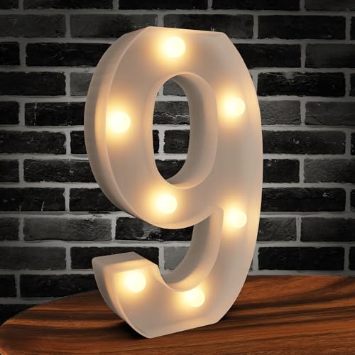 Cidenbio Marquee Numbers Light up Numbers, 0-9 Number Battery Powered LED Light, White Plastic Numbers Sign, Night Light Number Decor for Graduation Engagement Wedding Baby Shower Birthday (Number 9)