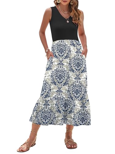Image of AUSELILY Womens Summer Maxi Dress Casual Sleeveless V Neck Floral Dresses | A line shape with practical side pockets, Vacation dress for resort walks, Pair with low heels and simple jewelry