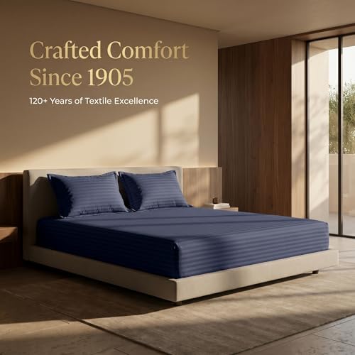 Image of Mafatlal Italian Strip Cotton Bedsheet with 2 Pillow Covers for King Size Bed | 210 TC Pure Cotton Flat Sheet Blue | 108 x 108 Inches | Comfortable & Long Lasting