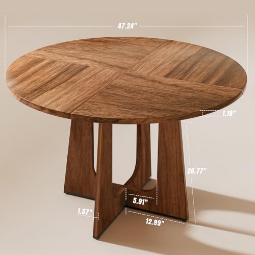 47" Round Dining Table for 4-6, Farmhouse Wood Kitchen Table, Mid-Century Wooden Circle Dinner Room Table Easy Assembly for Dining Room, Kitchen, Living Room (Brown) - Image 4