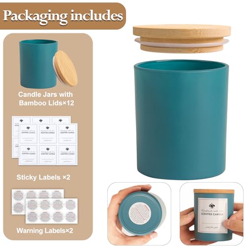 Image of Connoo Pack of 12 300ml Navy Blue Glass Candle Jars for Candle Making with Airtight Bamboo Lids Beautiful Sticky Warning Stickers for Candle Making Empty Containers Bulk Pack
