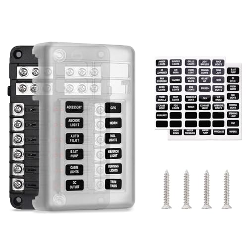 MICTUNING 12-Fach Sicherungshalter, kfz Sicherungskasten 12 Volt mit LED-Anzeige und Etiketten, Sicherungsdose Sicherungsverteiler für Boot Wohnmobil