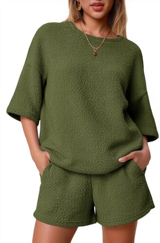 Tankaneo Womens 2 Piece Outfits Lounge Sets 3/4 Sleeve Oversized Tops and Elastic Waist Shorts Pajama Sets Loungewear
