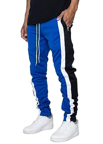 MECH-ENG Men's Tapered Jogger Pants Workout Casual Striped Hip Hop Fashion Street Sweatpants Zipper Pockets(Blue Small)