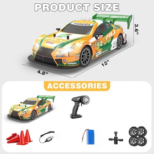 Image of Rc Drift Remote Control Car 1:24 Scale, High-Speed, 4Wd, Lights, Rechargeable Racing Car, Drifting Tires, 2.4Ghz, for Kids (RC Drift Car - Yellow)