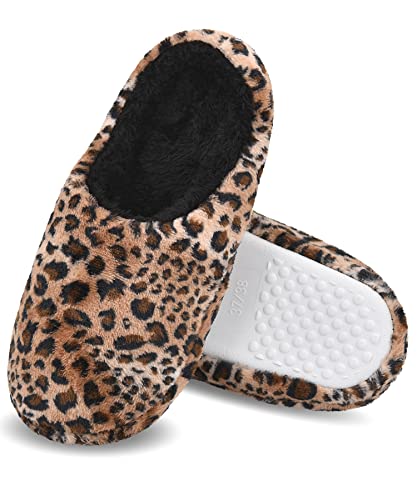 Dicuird Women's Fleece House Slippers With Hard Sole,Cozy Indoor Or Outdoor Memory Foam Bedroom Shoes(Leopard,7-8) #TOP19