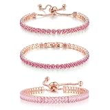 YOYUNLUO 3PCS Pink Bracelets for Women,Tennis Bracelet Set with Adjustable & Clasp Styles, Rose Gold Plated CZ Jewelry Gift for Girlfriend, Mom, Daily & Formal Wear