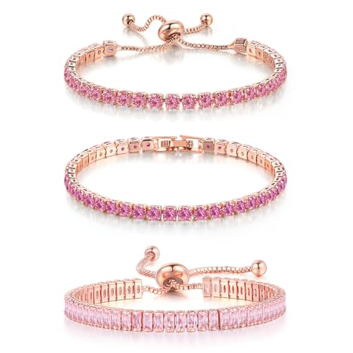 YOYUNLUO 3PCS Pink Bracelets for Women Tennis Bracelet Set with Adjustable & Clasp Styles Rose Gold Plated CZ Jewelry Gift for Girlfriend Mom Daily & Formal Wear