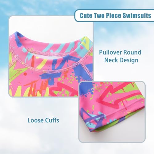 Image of Girls Two Piece Rash Guard Swimsuits Set Short Sleeve Bathing Suit for Kids Hawaiian Swimwear Set 3-16 Years
