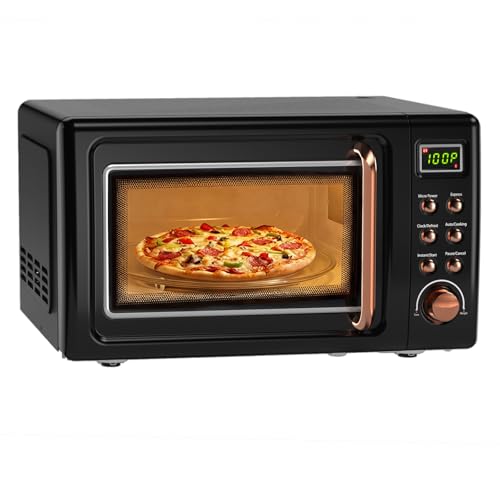 Image of CHEFJOY 0.7Cu.ft Mini Microwave Countertop, 700W Retro Microwave w/ 5 Micro Power, Defrosting Settings, Glass Turntable & Viewing Window, LED Display, Child Lock, Perfect for Small Space (Black Gold)
