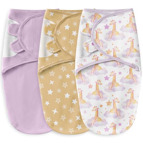 Image of Unnivoll Baby Swaddles for Newborns 100% Cotton Newborn Swaddle Sack 3 Pack Baby Swaddles 0-3 Months Swaddle Sleep Sack for Newborn Baby Boy Girl Purple Clouds & Yellow Giraffe