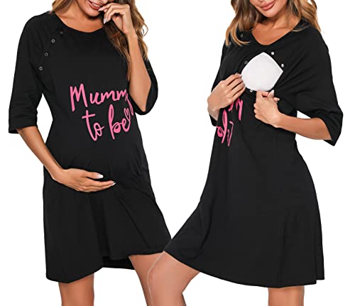 Vlazom Camison Lactancia Hospital para Mujer, Premamá Camison Lactancia de Algodón, Camisón de Labor de Manga 3/4 para Hospital/Hoga(Negro,L)