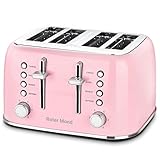 Roter Mond Toaster 4 Slice Retro Stainless Steel with Extra Wide Slots Bagel, Defrost, Reheat Function, Dual Independent Control Panel, Removable Crumb Tray, 6 Browning Levels, Pink