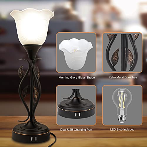 Bedside Lamps Set Of 2, Table Lamp With Usb Port 3 Way Dimmable Touch Lamp Torchiere Nightstand Lamps With Rustic Vines Leaf And Glass Flower Shade Lamp For Bedroom, Living Room, Office #TOP5