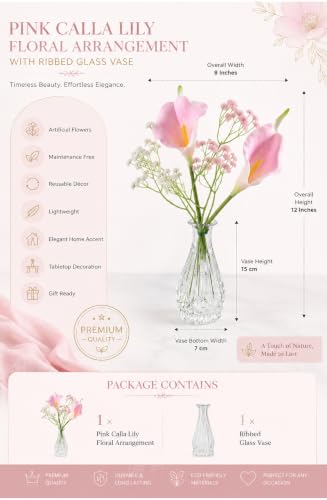 Image of Divyakosh Artificial Pink Calla Lily Flower Arrangement with Glass VASE | (2 Calla Lily + VASE) Faux Floral Bouquet with Baby Breath | Decorative Table Centerpiece for Living Room, Bedroom, Office