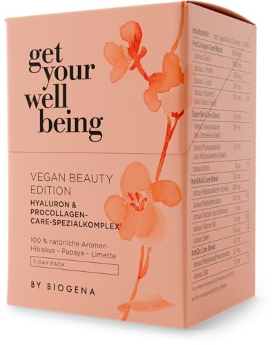 get your wellbeing by BIOGENA - Complejo especial de ácido hialurónico y procolágeno vegano – Con biotina, zinc y vitamina C para piel, cabello y uñas – 7 bolsitas con sabor a hibisco, papaya y lima