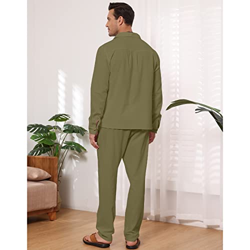Endoradore Men 2 Piece Linen Set Button Down Long Sleeve Shirt And Casual Beach Drawstring Waist Pants Holiday Outfits #TOP5