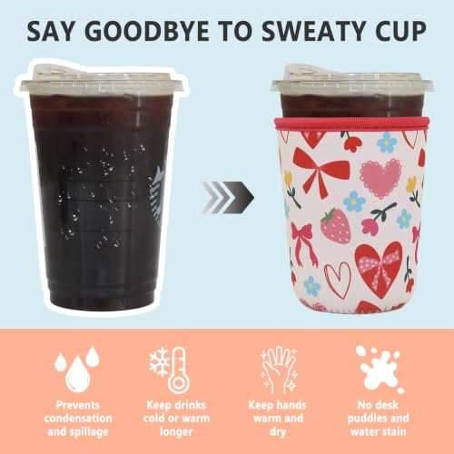 Image of 3 Pack Reusable Iced Coffee Sleeves - Xumbtvs Insulator Sleeve for Cold Beverages, Neoprene Coffee Cup Holder (Pink Hearts)