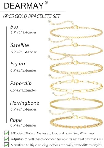 DEARMAY Gold Bracelets for Women Non Tarnish 14K Gold Plated Minimalist Bracelets Stack for Women Trendy Dainty Stackable Paperclip Rope Snake Box Figaro Chain Bracelets Set Pack Jewelry Sets Costume Fashion Gifts — view 4