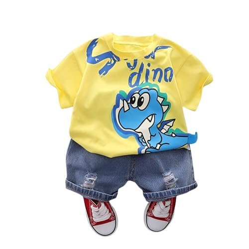 Image of Googo Gaaga Cotton T-shirt with Bottom Folded Denim Shorts - Clothing Set for Baby Boys | Toddlers | Half Sleeves | Cute Dinosaur Cartoon Printed | Round Neck | Dress for Kids