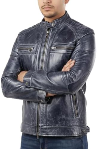Men's Cafe Racer Biker Jacket - Genuine Lambskin, Real Leather Mo...