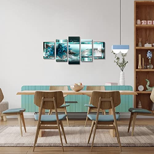 Banmu Turquoise Lily Flower Canvas Wall Art - Green Canvas Print Painting, 5 Piece Viridis Orchid Flower Painting For Living Room, Home Decor Canvas Art Wall Poster #TOP3