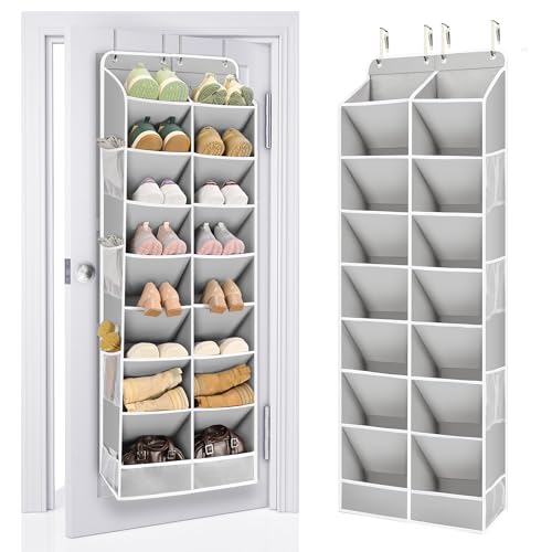 ULG Over The Door Shoe Organizer for Closet Fit 16-24 Pairs with Large Deep Pockets Narrow Shoe Rack for Door Hanging Boots Storage Grey