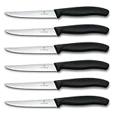 Victorinox Set di Coltelli Bistecca e Pizza Professionali Swiss Classic, 6 Pezzi, Coltelli da Tavola, Lame Affilate Ondulate, 11 cm, Manici in Plastica, Nero