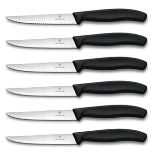 Victorinox Set di Coltelli Bistecca e Pizza Professionali Swiss Classic, 6 Pezzi, Coltelli da Tavola, Lame Affilate Ondulate, 11 cm, Manici in Plastica, Nero