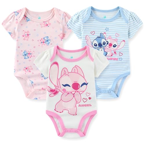 Disney Lilo & Stitch Angel Baby Girls 3 Pack Bodysuit Creeper for Newborn and Infant