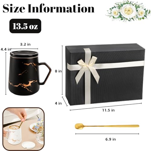 ZENFUN 2 Pack Ceramic Mug Set for Couple, Coffee Mugs with Gift Box, Engagement Wedding Gift 13.5 oz Porcelain Mug Set with Lid and Gold Spoon Marbling, His and Hers, Christmas( Black&White) - Image 3