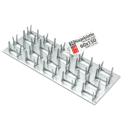 Lun Fix - Plaque à griffes 150x60x1,3 mm en acier galvanisé, connecteur bois solide, plaque métal de réparation, équerre menuisier, equerre fixation, platine acier durable, lot de 10 pièces