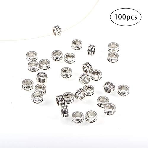 PandaHall Elite100pcs Rondelle Spacer Beads Tibetan Alloy Antique Silver European Large Hole Spacers For Bracelet Necklace DIY Jewellery Making, 8mm, Hole: 5mm