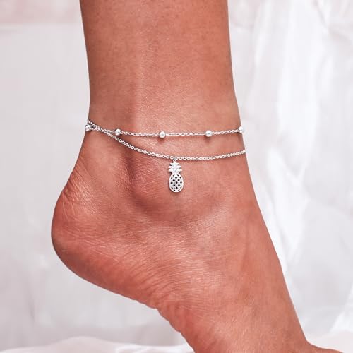 Image of CHIC & ARTSY 925 Sterling Silver Ankle Bracelets for Women, Adjustable Layered Foot Chains with Nature & Symbol Charms, Lightweight Comfort Fit Boho Beach Everyday Jewelry