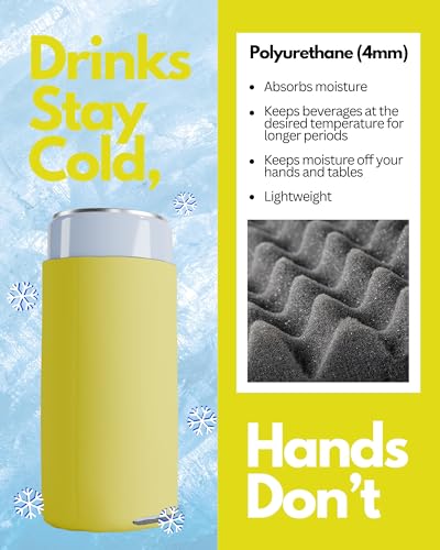 Image of PartyPrints 200 Pack Yellow Blank Slim Can Cooler Sleeves | Plain Seltzer Customizable Bulk Coolers for Beer Bottles & 12oz Tall Cans | Skinny Collapsible Drink Insulated Sleeve