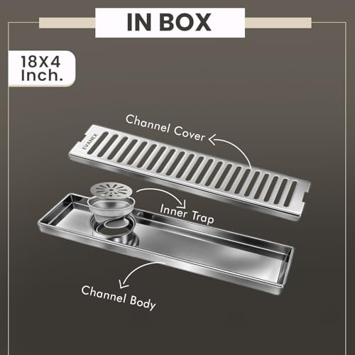 Image of EVANEX Bathroom Drainer | 18x4 Inches Shower Drain Channel | Waste Water Linear Floor Drain Channel | 304 Stainless Steel Bathroom Drainer with Anti Cockroach Trap | Bathroom Jali