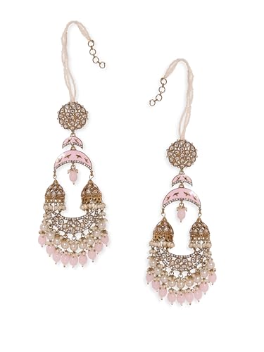 Image of Rubans Long Jhumka Earrings with Ear Chain Pearl Beaded Traditional Wedding Jewellery Gift for Women & Girls