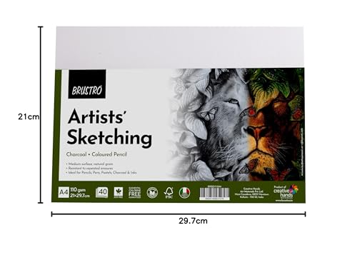 Image of Brustro Artists Sketching Paper | 110 GSM, A4 Size, Pack of 40 Sheets | Medium Surface, Natural Grain, Chlorine Free, Ideal for Pencil, Drawing, Charcoal, Art, Pen, Pastel, Ink