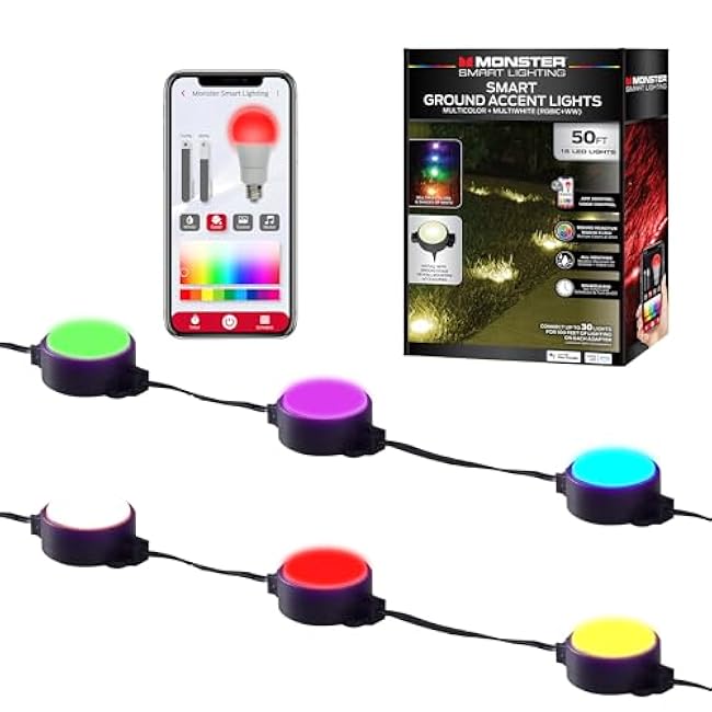 Monster Smart Outdoor Ground Accent RGB+IC+WW LED Lights, 50ft, 15 LEDs, Sound Reactive, Ground Stakes & Wall/Ceiling Mounts, Weather & IP44 Water Resistant, Works with Alexa, Siri, Google Home, App