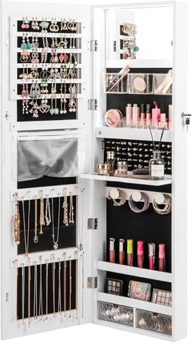 GOPLUS Armario para joyas con espejo, armario con espejo con luz LED de 3 colores, almacenamiento de joyas con cerradura, 37 cm x 10 cm x 135 cm (blanco)
