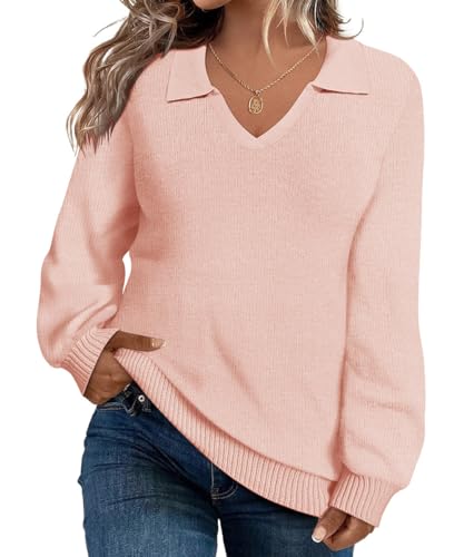 Image of CARCOS Plus Size Sweaters for Women Long Sleeve Pullover Sweaters Lapel Collared Vneck Knit Jumper Tops Fall Winter XL-5XL
