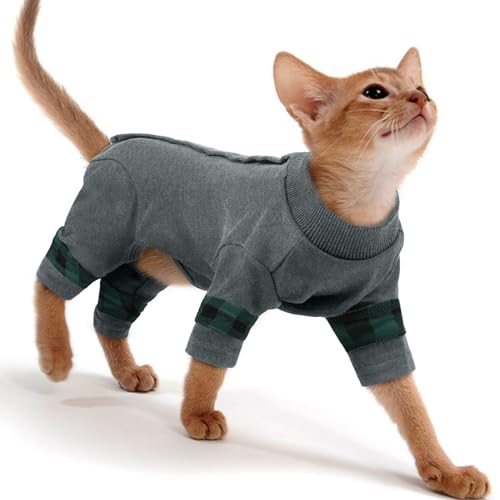 PUMYPOREITY Easy-On Cat Shirt, Soft Stretchy Cat Sweater with Back Snap for Easy Wear, Breathable Recovery Suit for Surgery Recovery, Lightweight Pajamas for All-Day Wear, M, Grey
