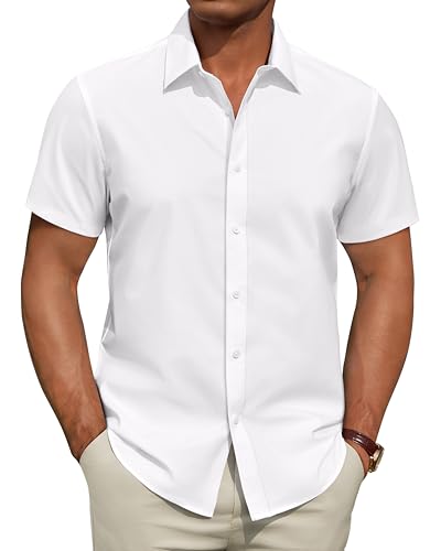 ROUWELL Mens Dress Shirts Solid Stretch Stain Resistant Short Sleeve Casual Business Formal Button Down Shirt White Large
