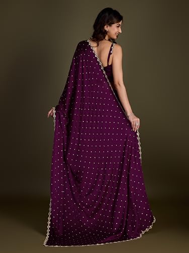 Image of TRENDMALLS Women's Satin Silk Siroski Zarkan Work Saree with Unstitch Blouse Piece